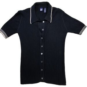 Vtg Gap Sz M Ribbed Short Sleeve Cardigan Button Up Cotton Black Great Britain